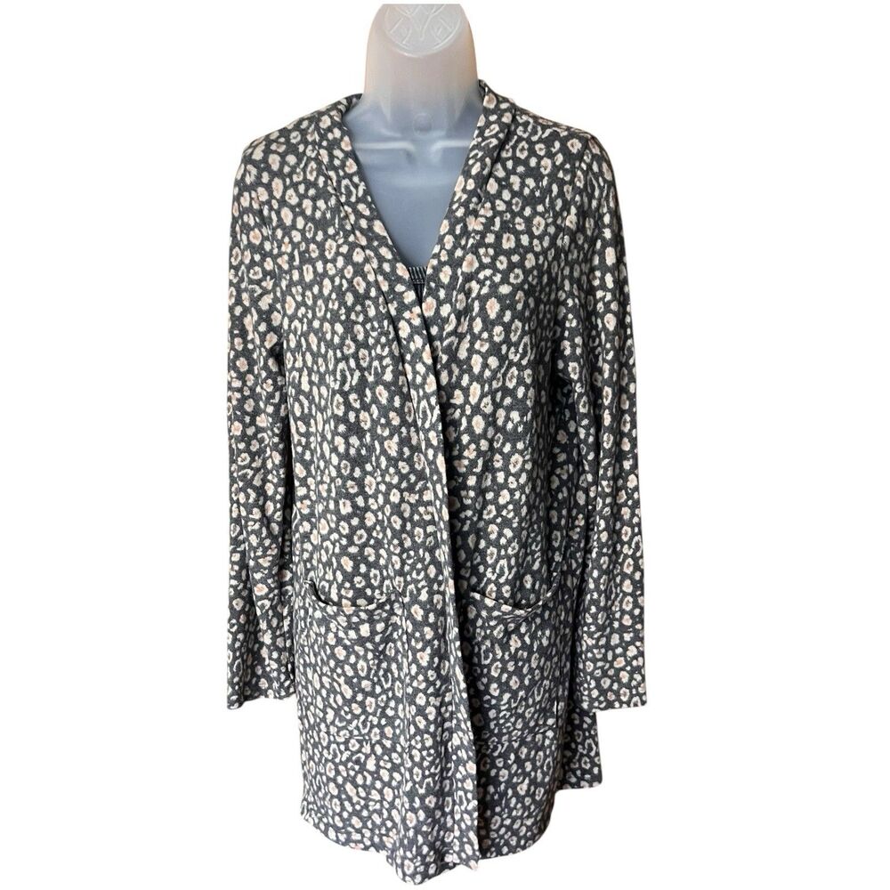 Lazy Sunday Super Soft Gray Animal Print Open Front Long Cardigan Sz M Pockets